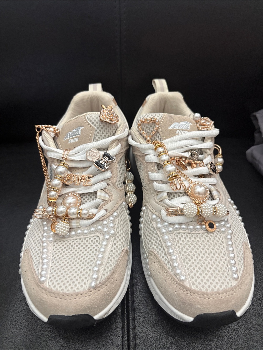 Avia Beige and White Pearl-Embellished Women's Sneakers